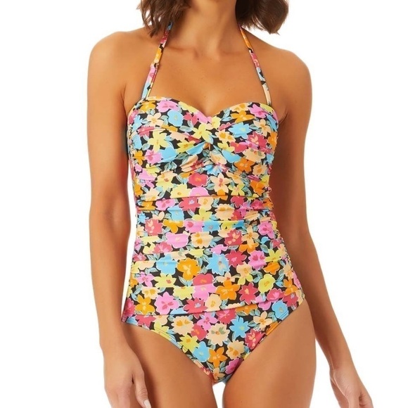 🆕 Pink & Yellow Floral Strapless / Halter One-Piece - Picture 1 of 7